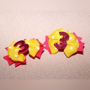 Toddler Girl Number 3 Pigtail Bows Yellow and Pink Polka Dot 3rd Birthday